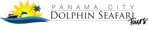 Panama City Dolphin Safari Tours Logo. Horizontal with black letters, sun, water, and dolphin