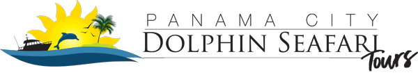 Panama City Dolphin Safari Tours Logo. Horizontal with black letters, sun, water, and dolphin